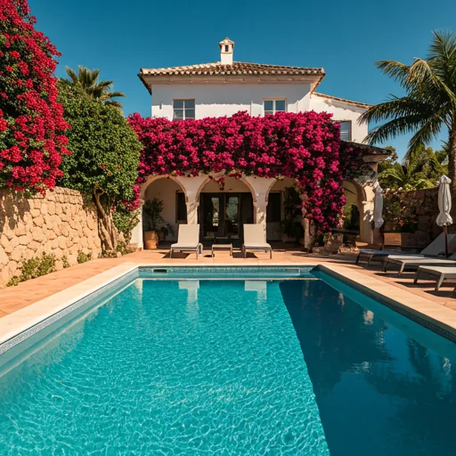 Luxury pool surrounded by bougainvillea at golden hour